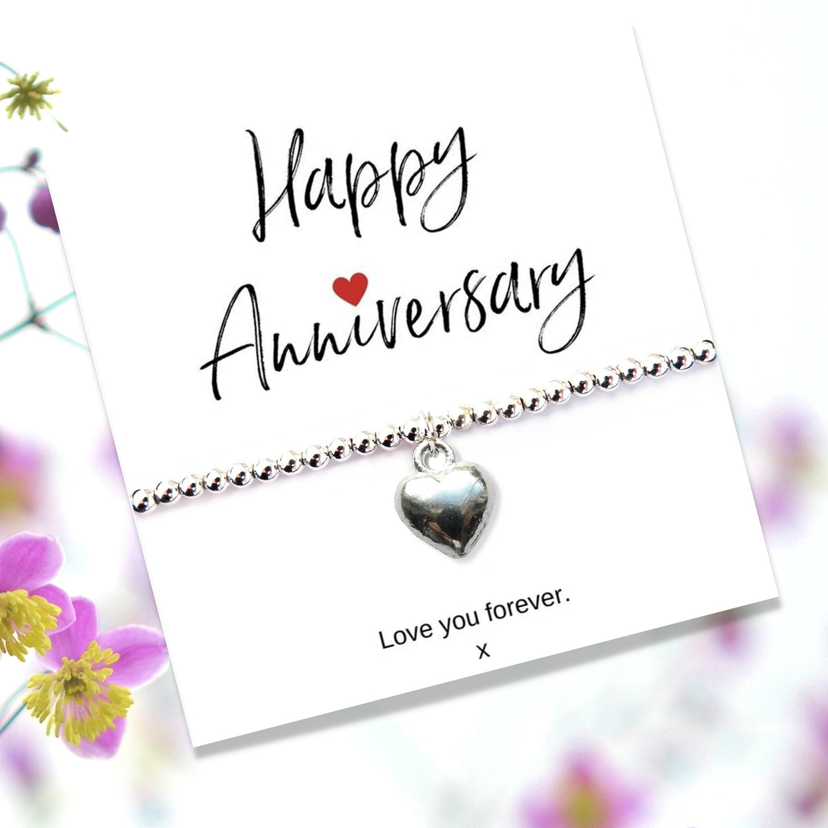 Silver Heart Beaded Bracelet & Anniversary Message Gift Gift Card