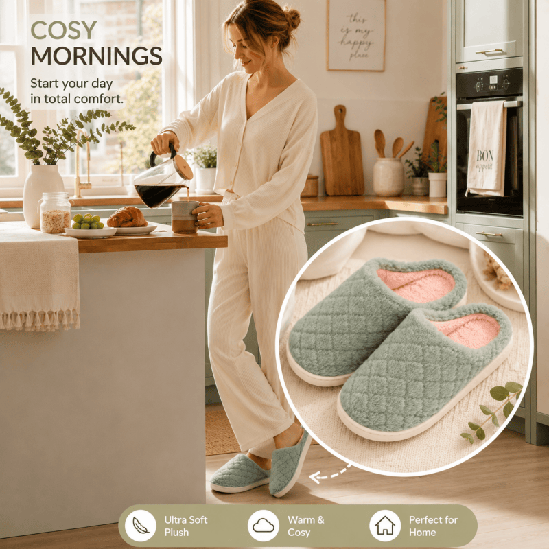 Women Fluffy Slippers Winter Warm House Slippers Soft Cosy Slip On Indoor Shoes for Ladies UK Size 3 to 4 Green