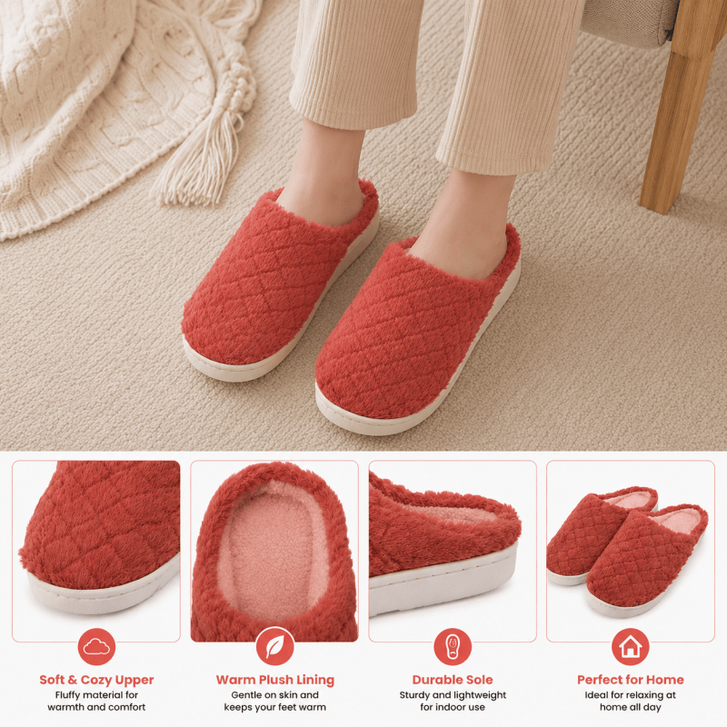 Women Fluffy Slippers Winter Warm House Slippers Soft Cosy Slip On Indoor Shoes for Ladies UK Size 6 to 7 Red