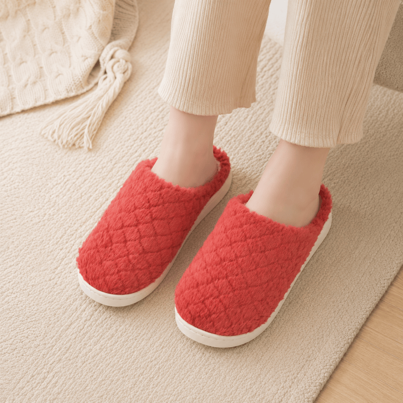 Women Fluffy Slippers Winter Warm House Slippers Soft Cosy Slip On Indoor Shoes for Ladies UK Size 3 to 4 Red