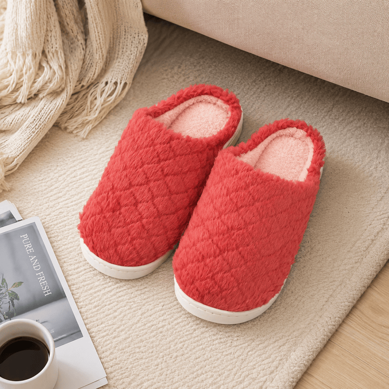 Women Fluffy Slippers Winter Warm House Slippers Soft Cosy Slip On Indoor Shoes for Ladies UK Size 3 to 4 Red