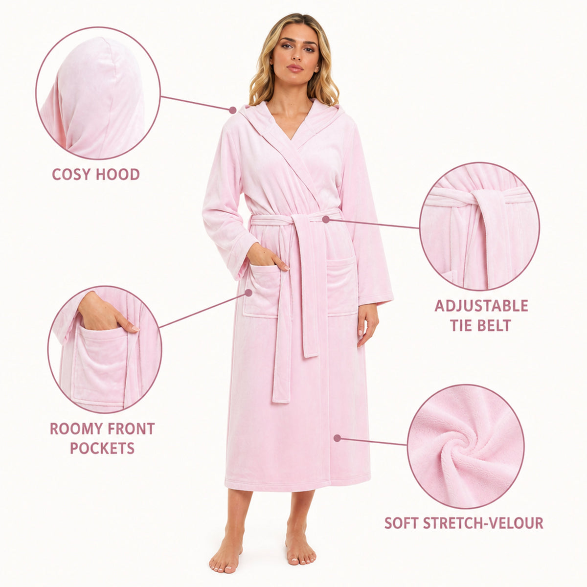 Daisy Dreamer Women's Hooded Velour Bathrobe Ultra Soft Luxurious Pink And Grey Cosy Super Soft Hotel-Style Robe