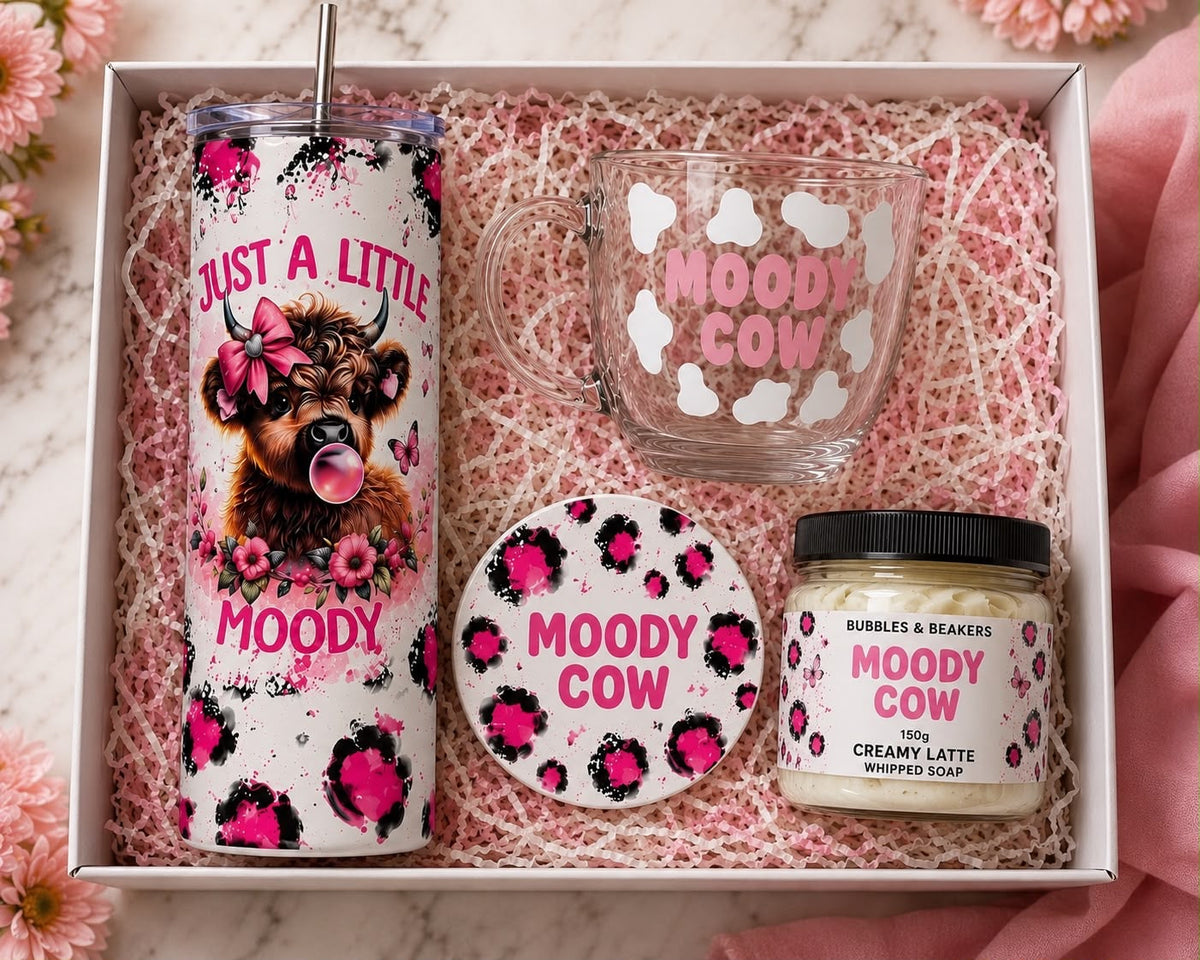 Moody Cow Gift Set – Tumbler, Glass Mug, Coaster & Whipped Soap