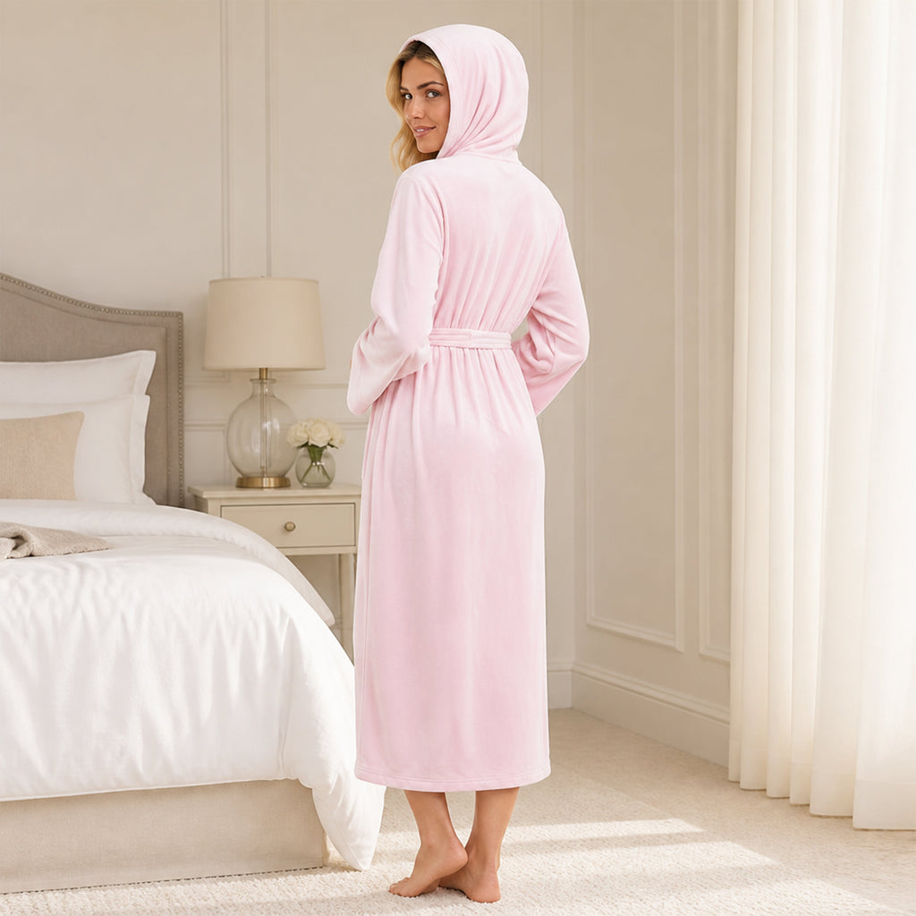 Daisy Dreamer Women's Hooded Velour Bathrobe Ultra Soft Luxurious Pink And Grey Cosy Super Soft Hotel-Style Robe