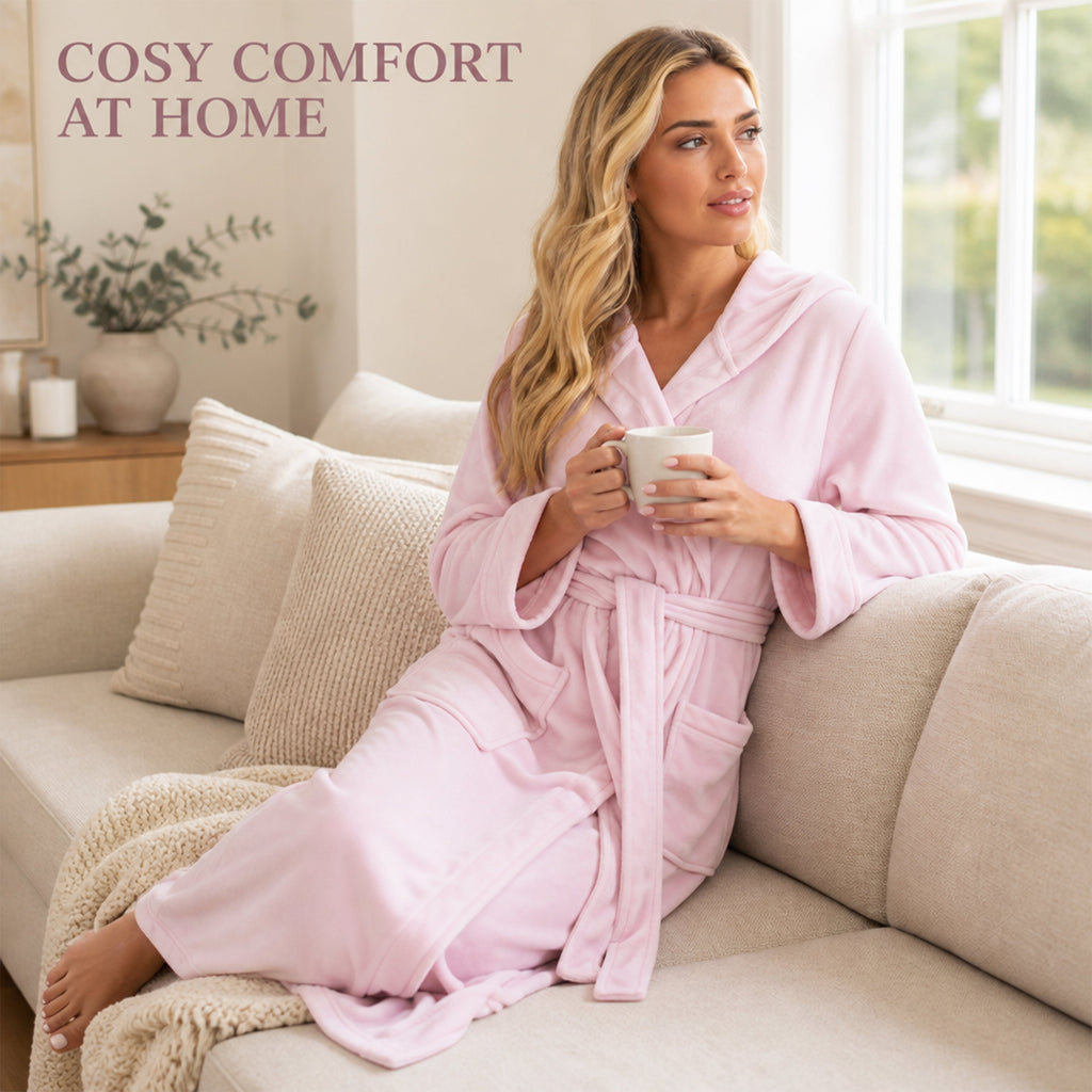 Daisy Dreamer Women's Hooded Velour Bathrobe Ultra Soft Luxurious Pink And Grey Cosy Super Soft Hotel-Style Robe