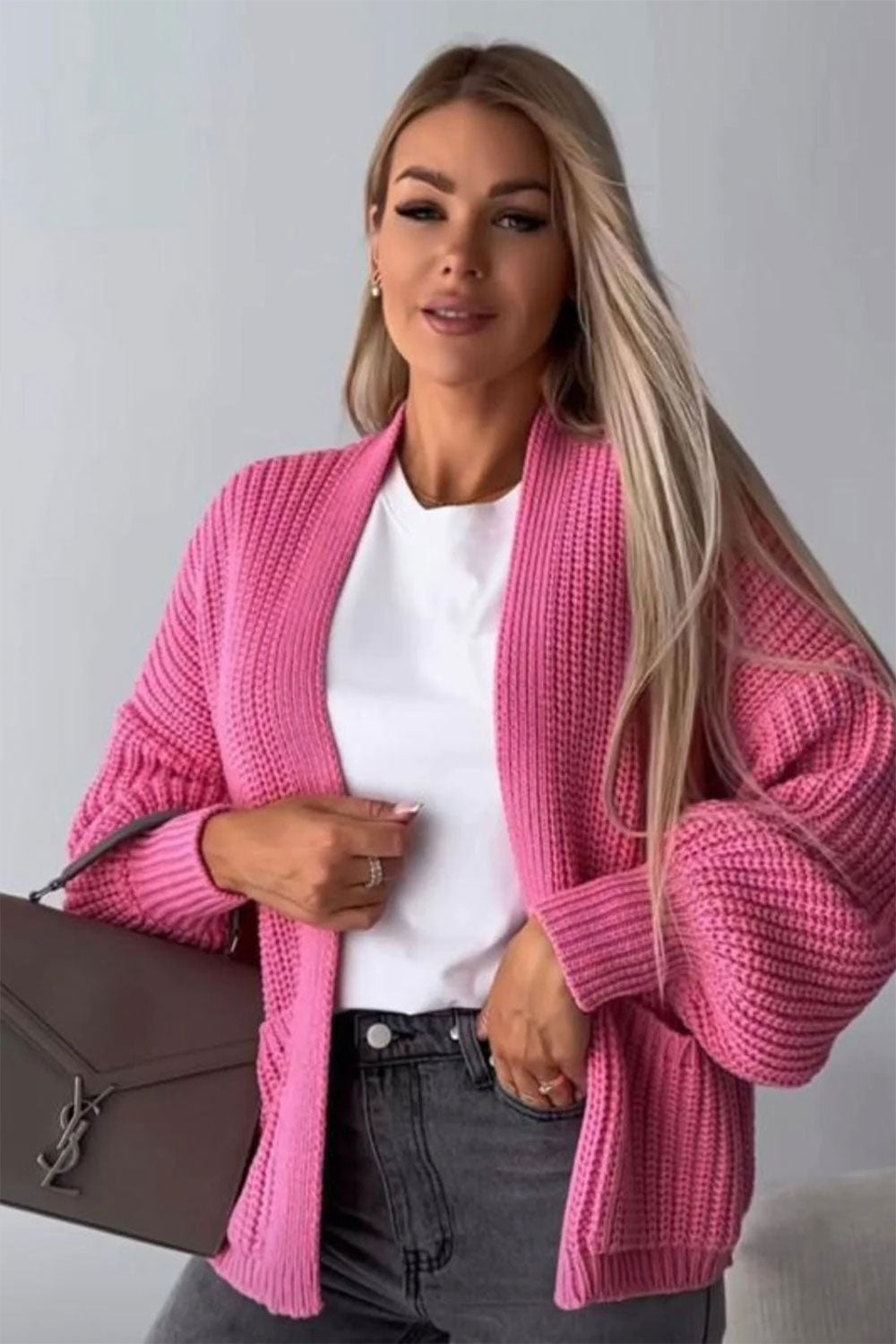 Ladies Over-sized Cropped Short Balloon Pocket Knitted Cardigan