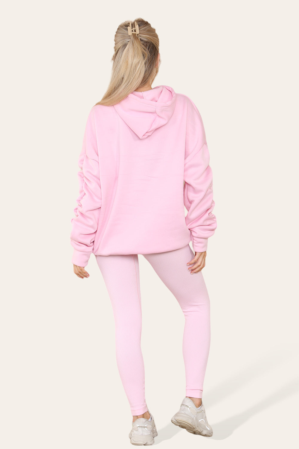 Plus Size Ruched Sleeves Hoodie With Satin Ribbon Legging Set