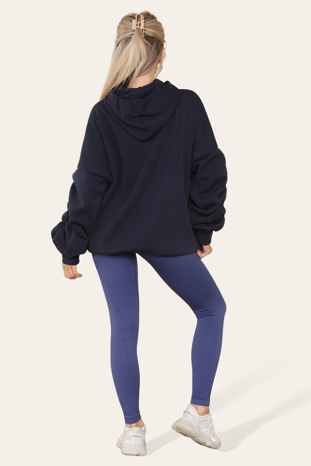Plus Size Ruched Sleeves Hoodie With Satin Ribbon Legging Set