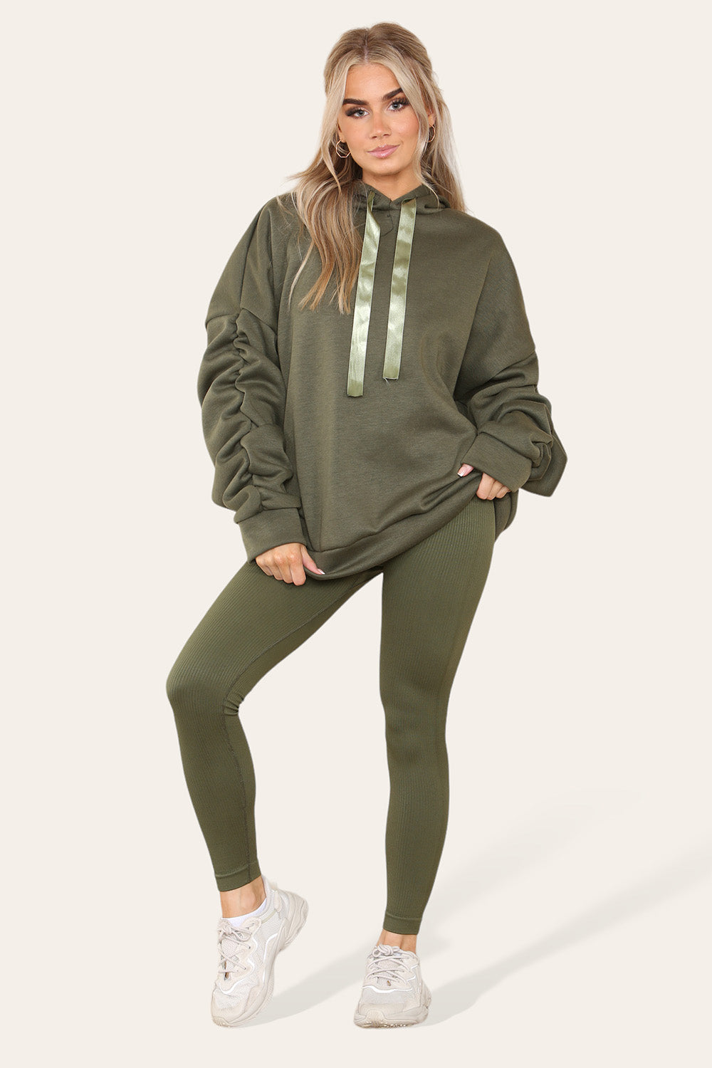 Plus Size Ruched Sleeves Hoodie With Satin Ribbon Legging Set