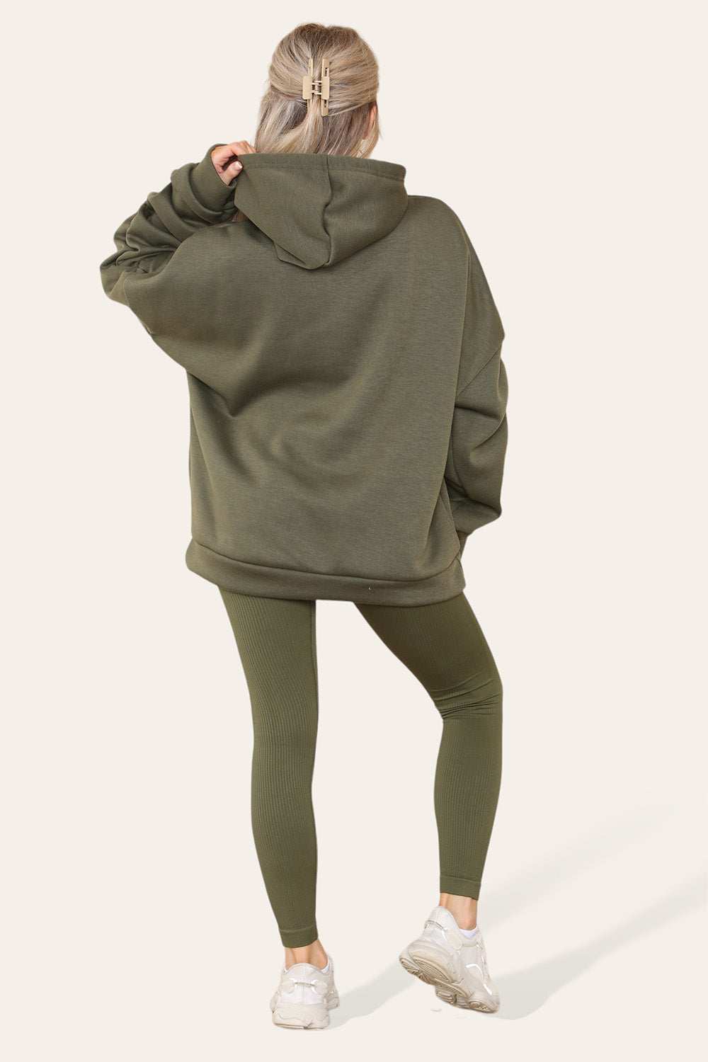 Plus Size Ruched Sleeves Hoodie With Satin Ribbon Legging Set