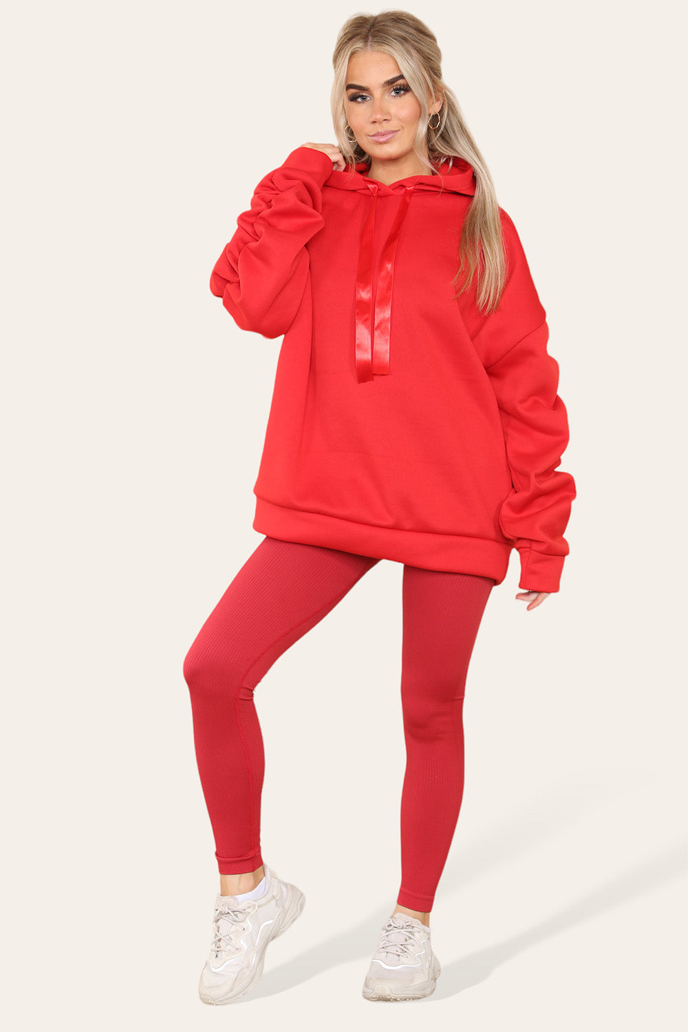 Plus Size Ruched Sleeves Hoodie With Satin Ribbon Legging Set