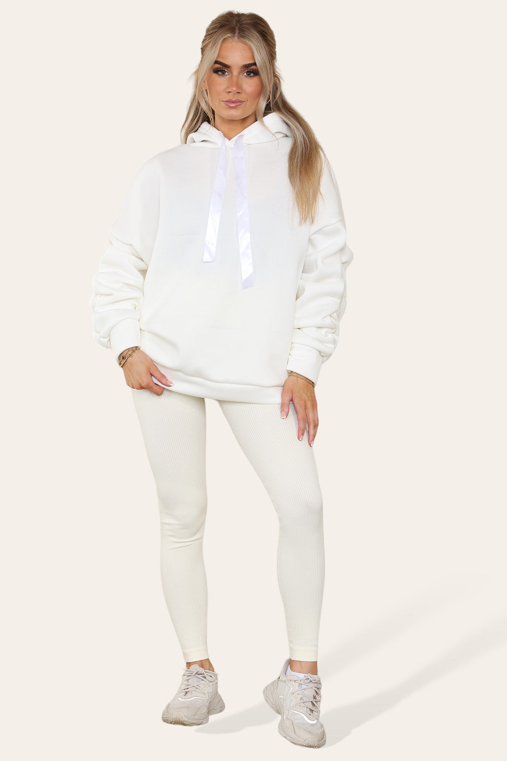 Plus Size Ruched Sleeves Hoodie With Satin Ribbon Legging Set