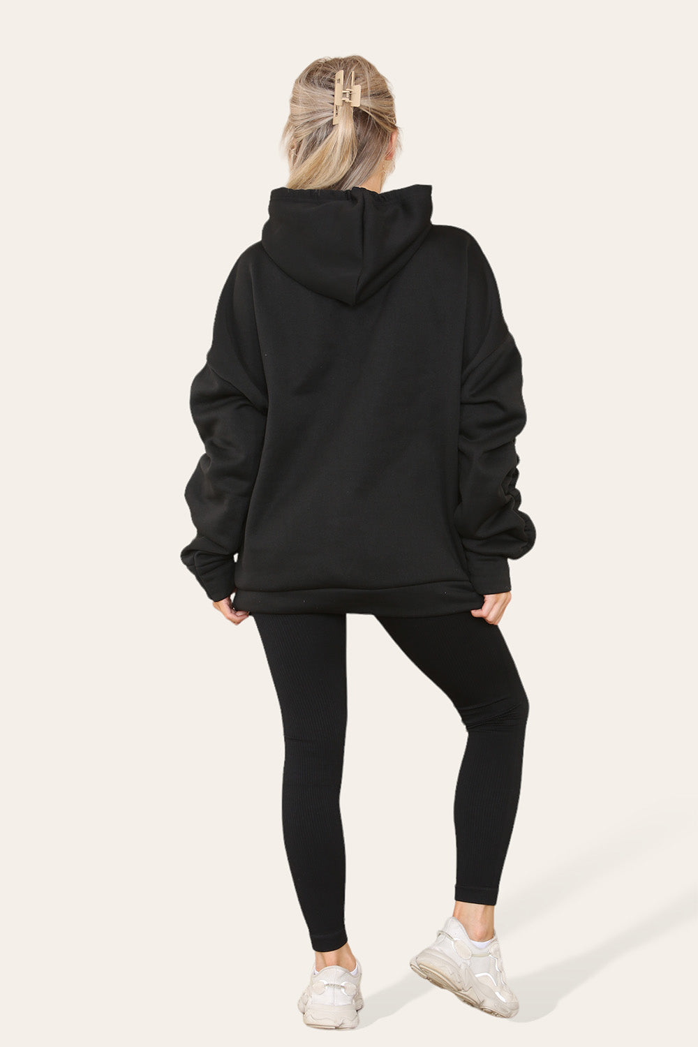 Plus Size Ruched Sleeves Hoodie With Satin Ribbon Legging Set