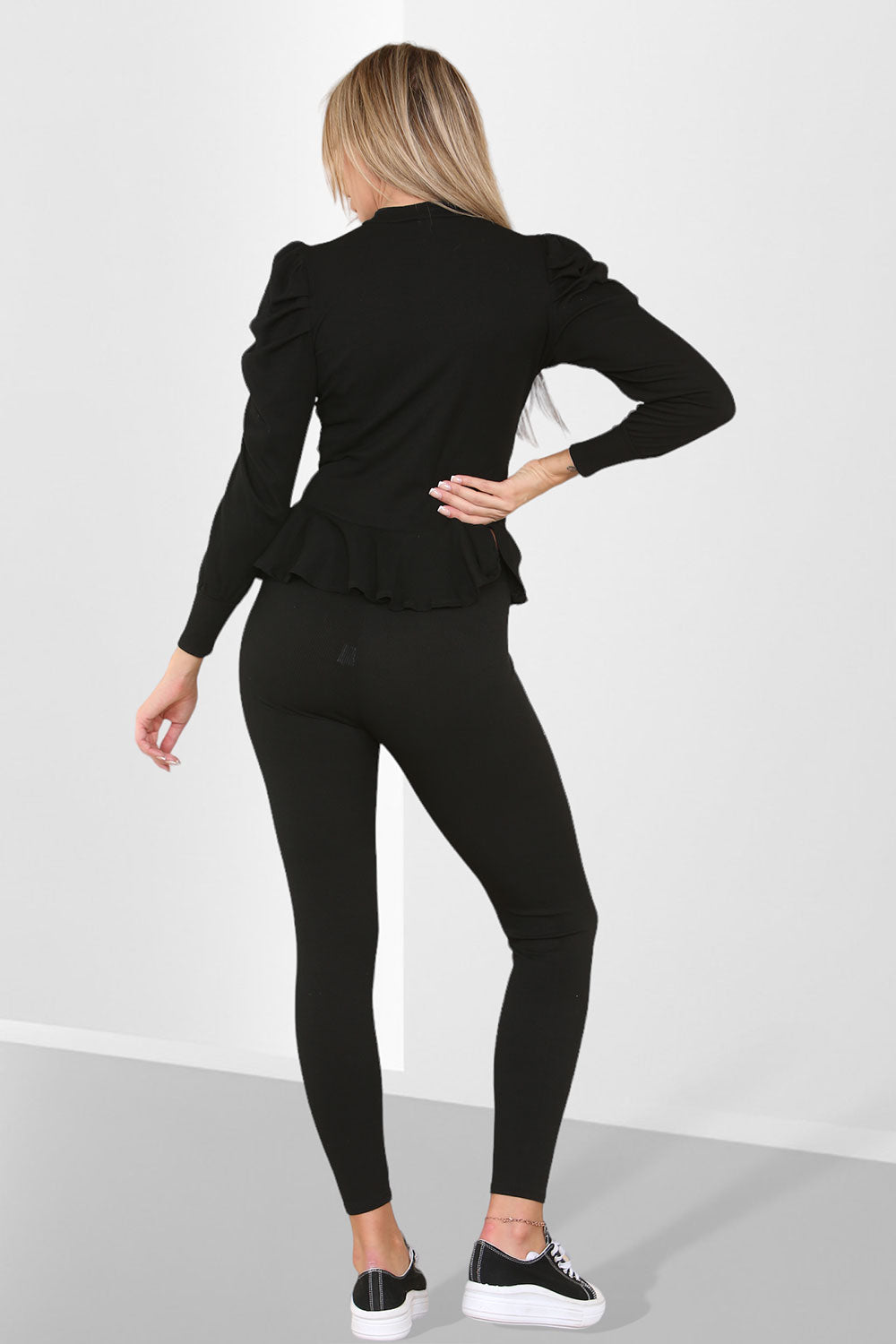 Puff Sleeves Set Frill Hem Peplum Ribbed Lounge Wear Suit