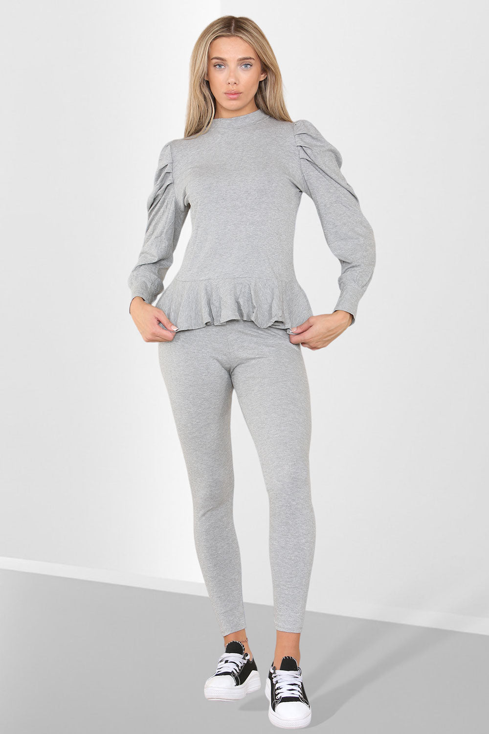 Puff Sleeves Set Frill Hem Peplum Ribbed Lounge Wear Suit