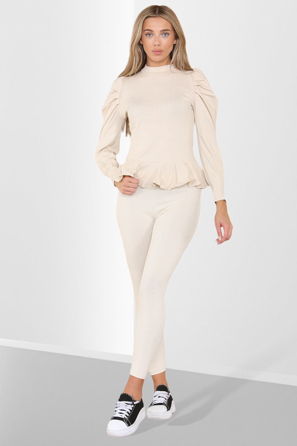 Puff Sleeves Set Frill Hem Peplum Ribbed Lounge Wear Suit