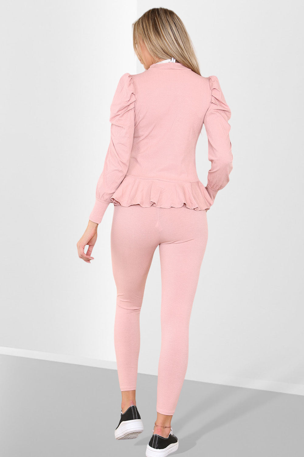 Puff Sleeves Set Frill Hem Peplum Ribbed Lounge Wear Suit