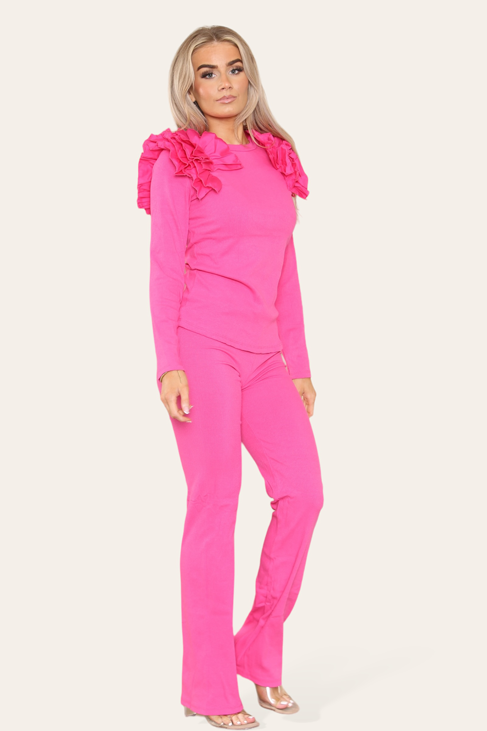 Ruffle Frill Shoulder Ribbed Loungewear Co-Ord Top & Trouser Set