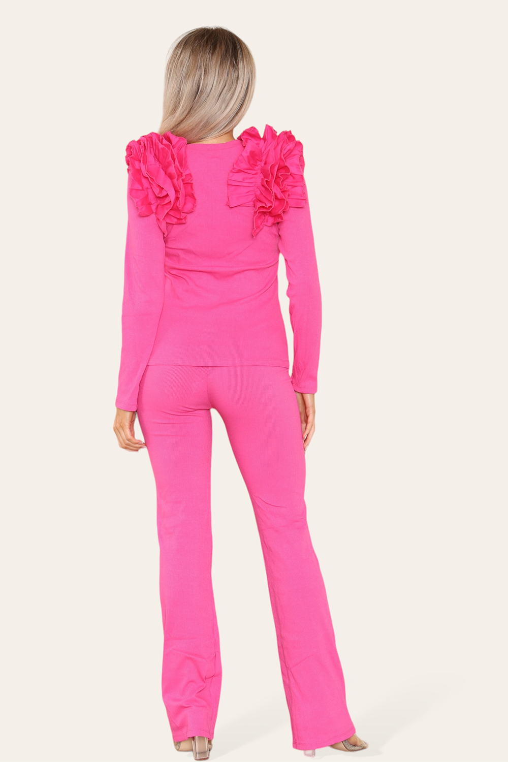 Ruffle Frill Shoulder Ribbed Loungewear Co-Ord Top & Trouser Set