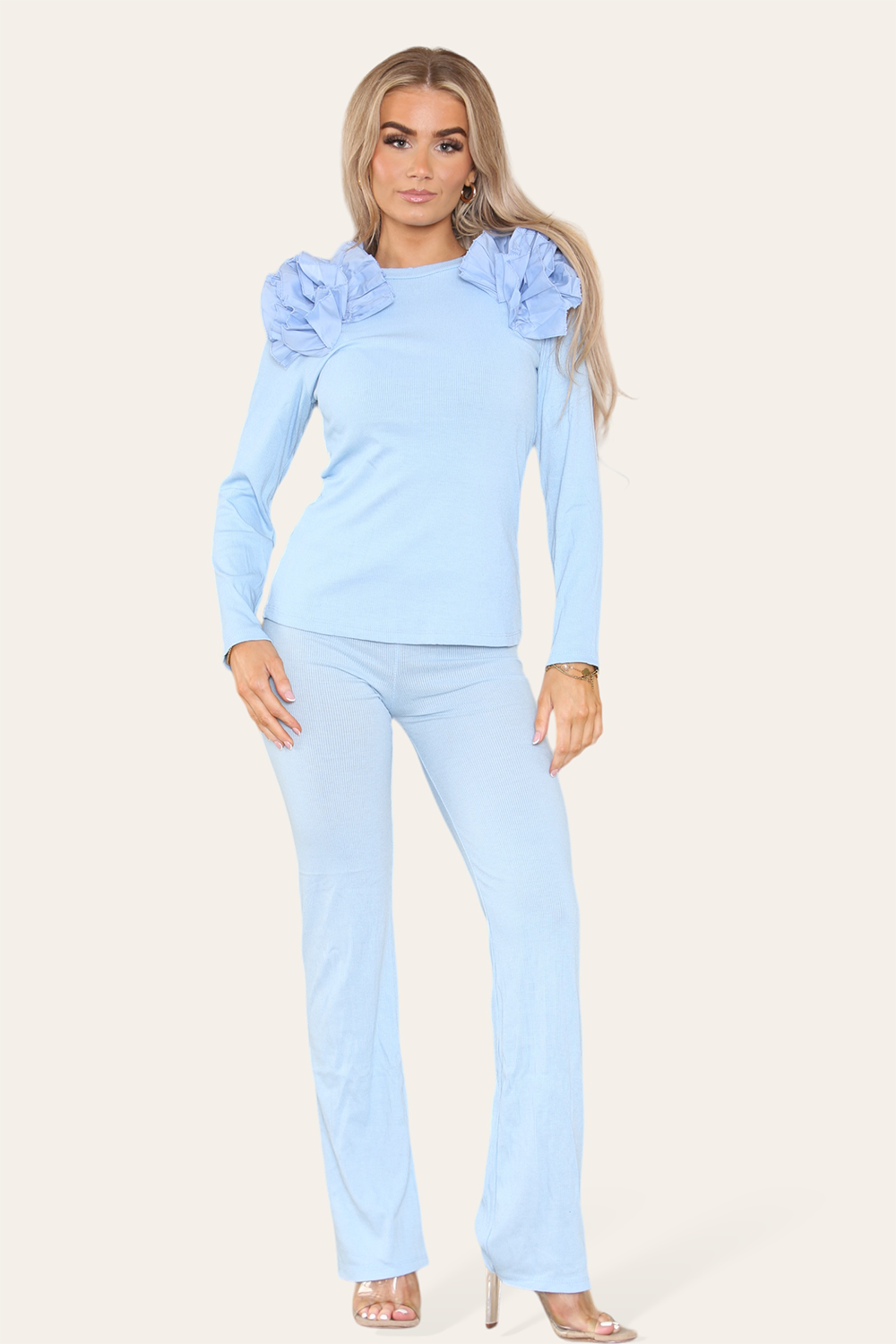 Ruffle Frill Shoulder Ribbed Loungewear Co-Ord Top & Trouser Set