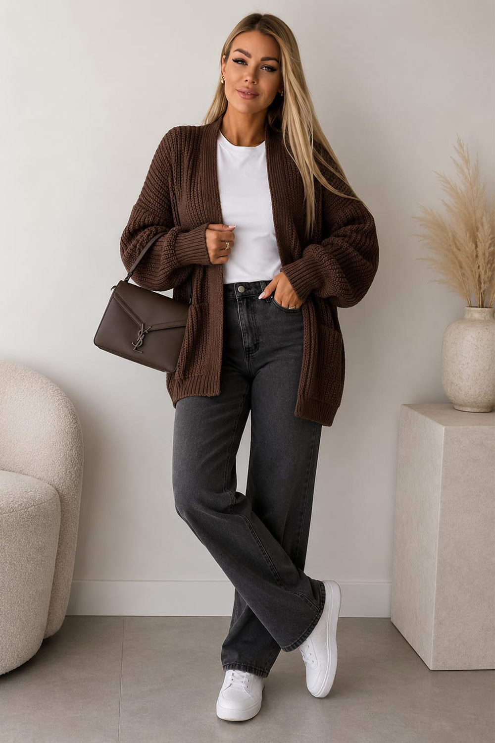 Ladies Over-sized Cropped Short Balloon Pocket Knitted Cardigan