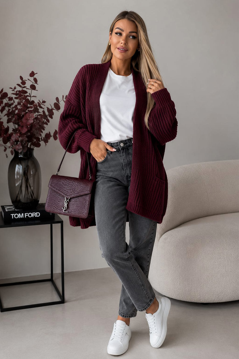Ladies Over-sized Cropped Short Balloon Pocket Knitted Cardigan