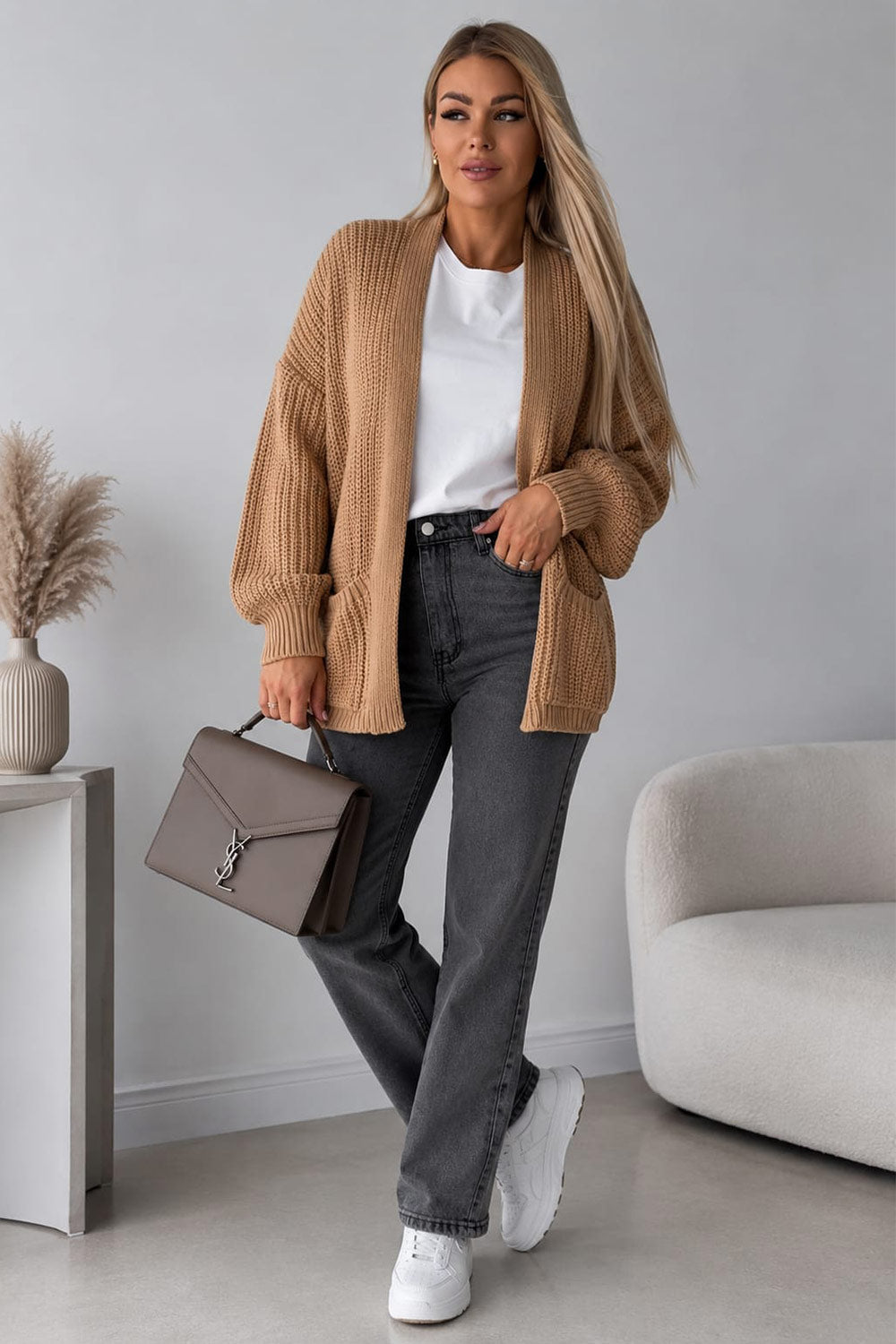 Ladies Over-sized Cropped Short Balloon Pocket Knitted Cardigan