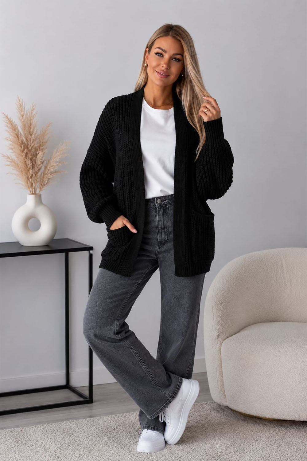 Ladies Over-sized Cropped Short Balloon Pocket Knitted Cardigan