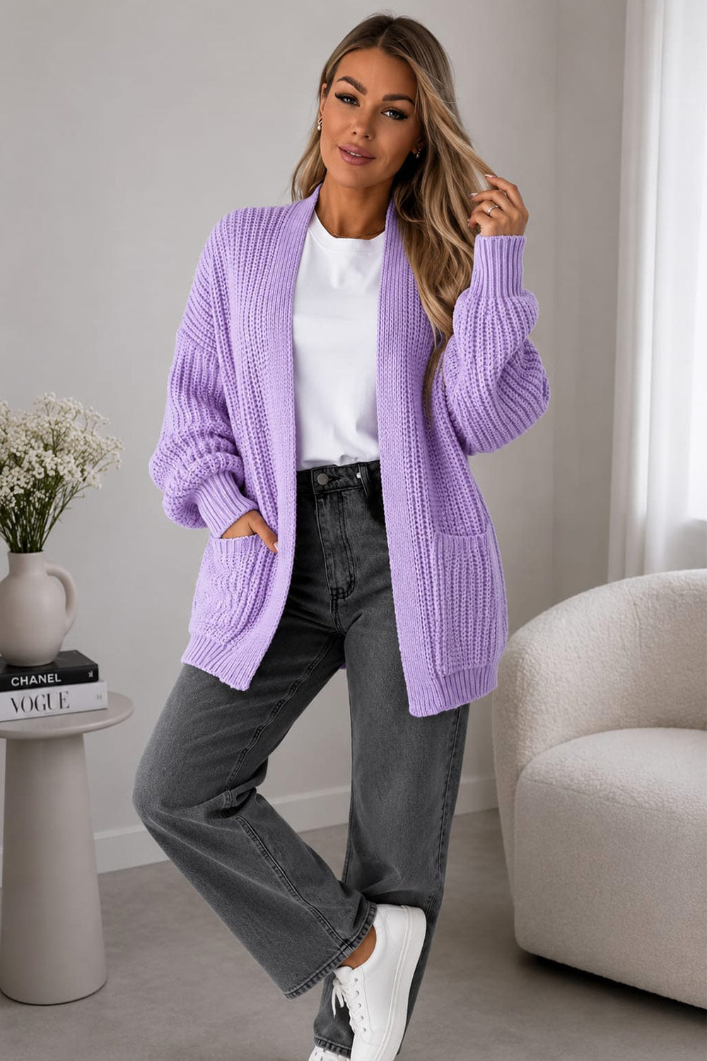 Ladies Over-sized Cropped Short Balloon Pocket Knitted Cardigan