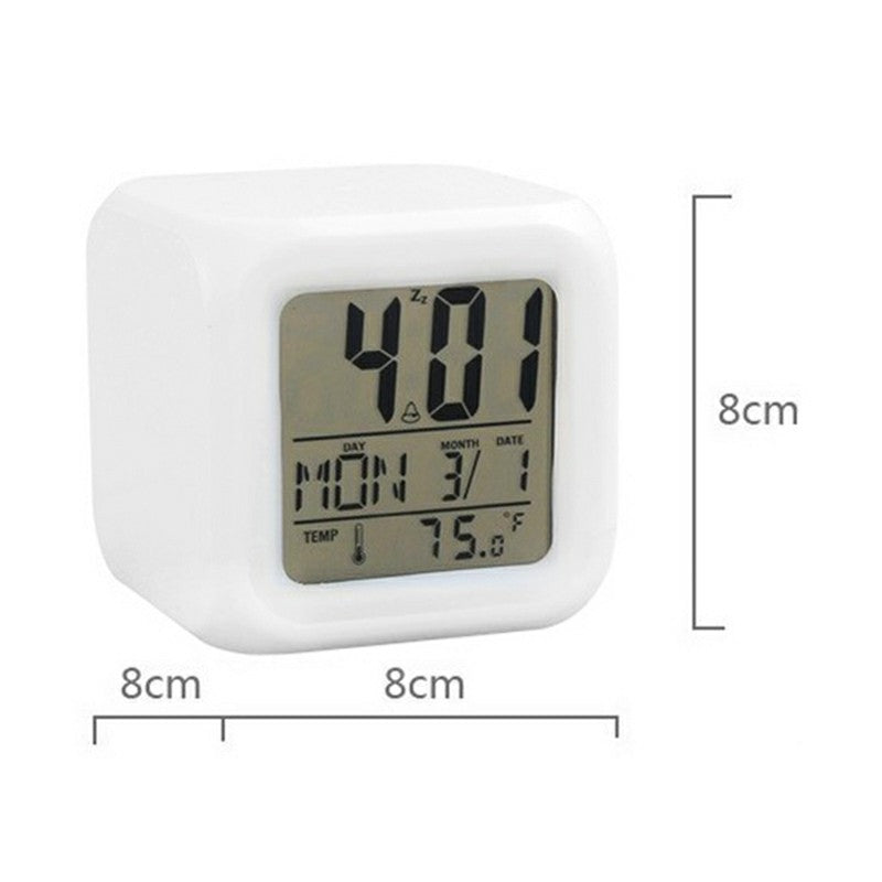 7 Colors Glowing LED Digital Silent Alarm Clock Cube with Date Day and Temperature Display