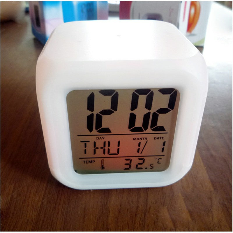 7 Colors Glowing LED Digital Silent Alarm Clock Cube with Date Day and Temperature Display