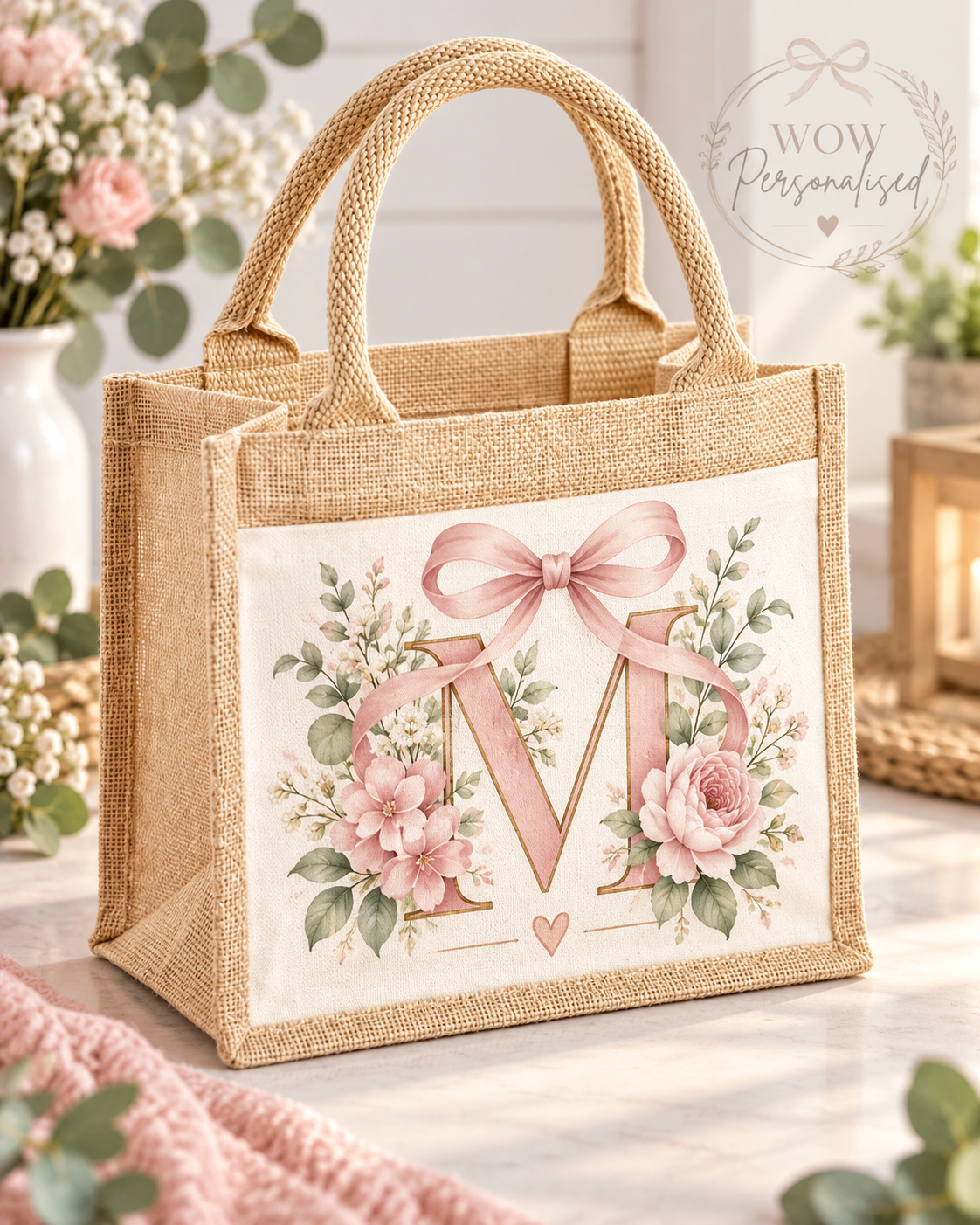 Personalised Floral Initial Jute Tote Bag | Custom Letter Monogram Bag | WOW Personalised