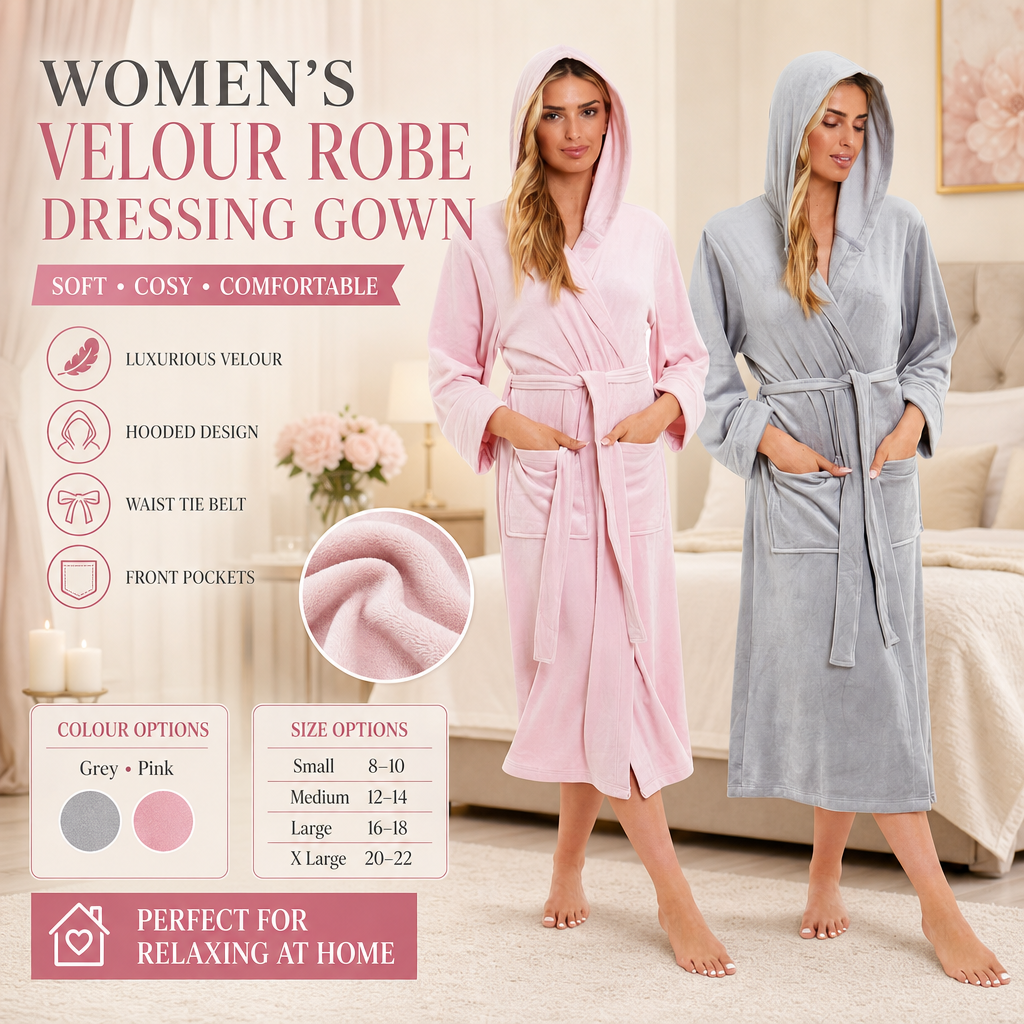 Daisy Dreamer Women's Hooded Velour Bathrobe Ultra Soft Luxurious Pink And Grey Cosy Super Soft Hotel-Style Robe