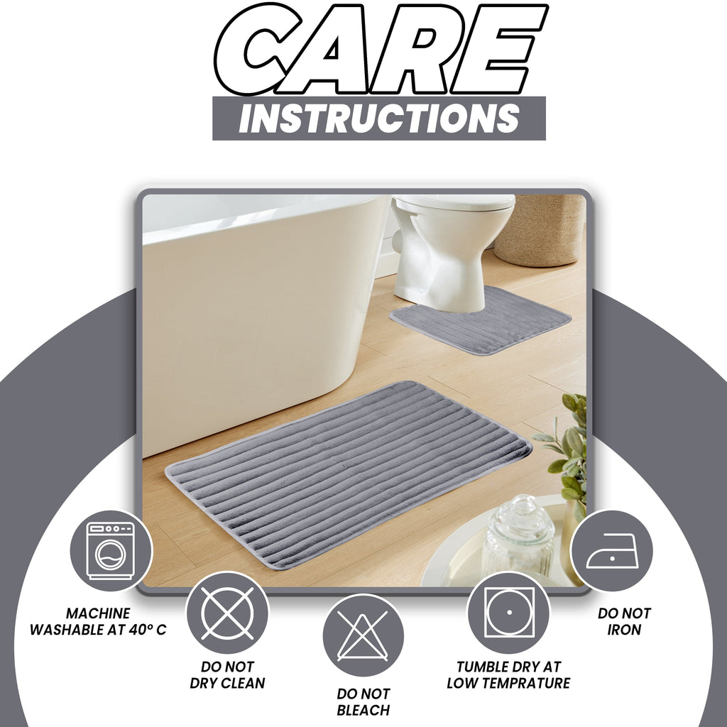 OLIVIA ROCCO 2 Piece Ribbed Bath Mat Set Charcoal Extra Soft Non Slip Super Absorbent