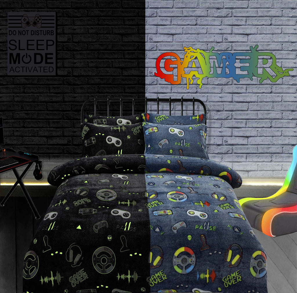 OLIVIA ROCCO Glow In The Dark Teddy Fleece Duvet Set For Kids Winter Warm Cosy Bedding
