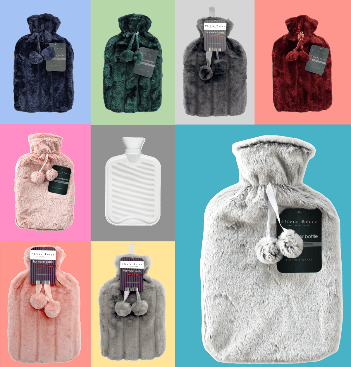 OLIVIA ROCCO Hot Water Bottle 2L With Faux Fur Pom Pom Cover Soft Plush Natural Rubber UK