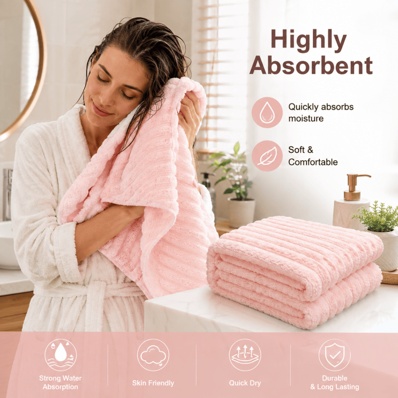 4PCS Pink Coral Fleece Bath Towels 70 x 135cm Soft Absorbent Quick Dry Xmas Christmas Gift Set