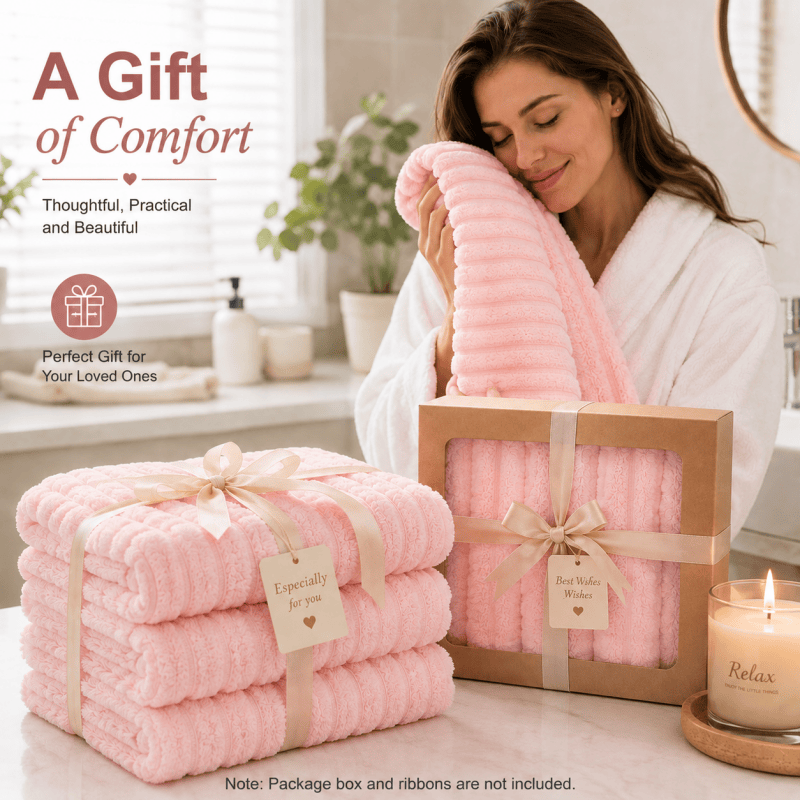 4PCS Pink Coral Fleece Bath Towels 70 x 135cm Soft Absorbent Quick Dry Xmas Christmas Gift Set